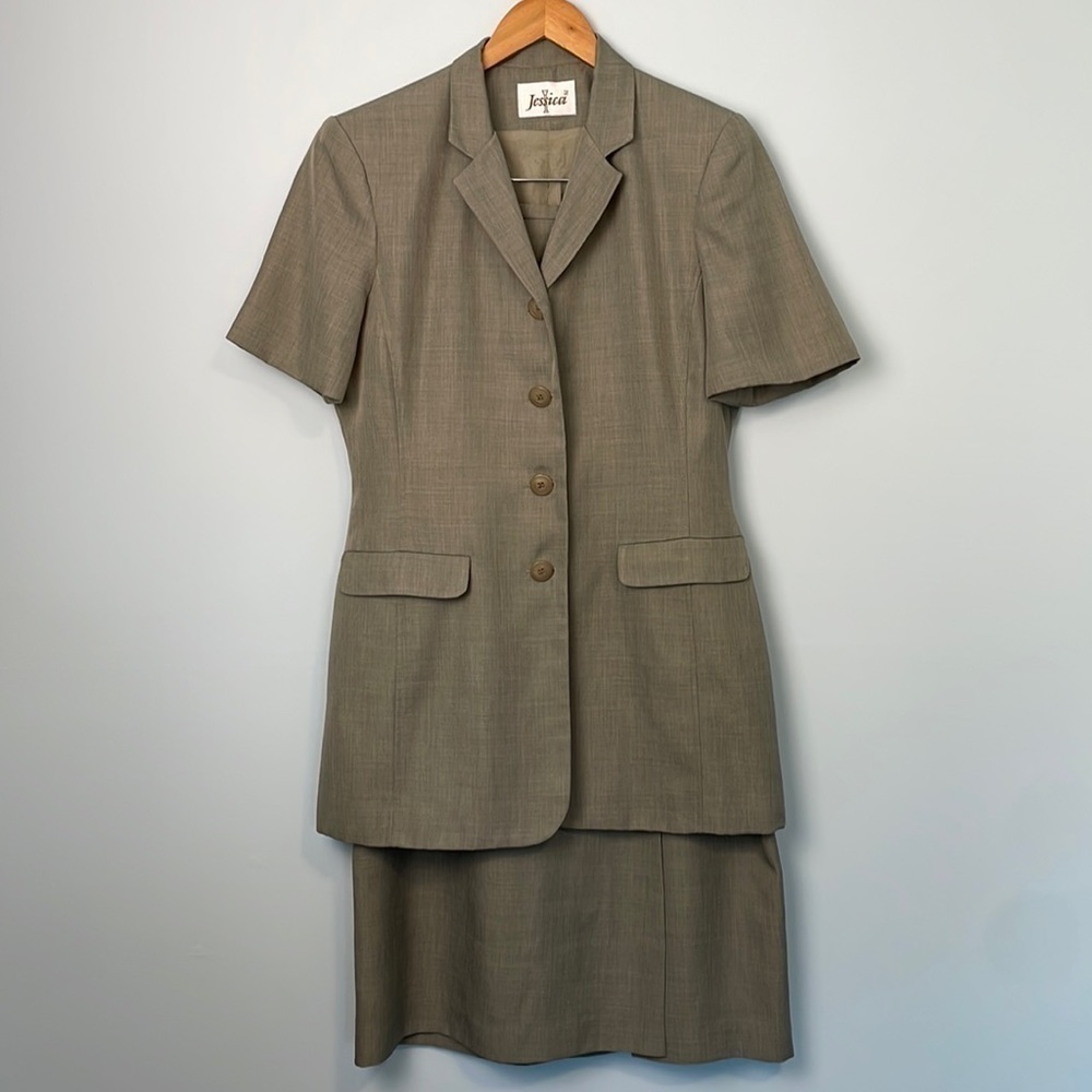 Jessica Taupe Short-Sleeve Blazer and Skirt Suit